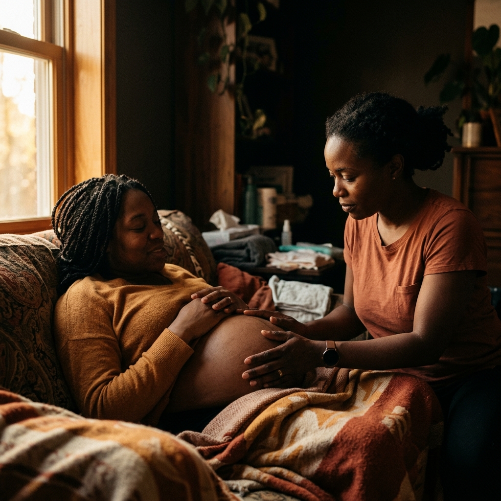 A midwife caring for an expectant mother
